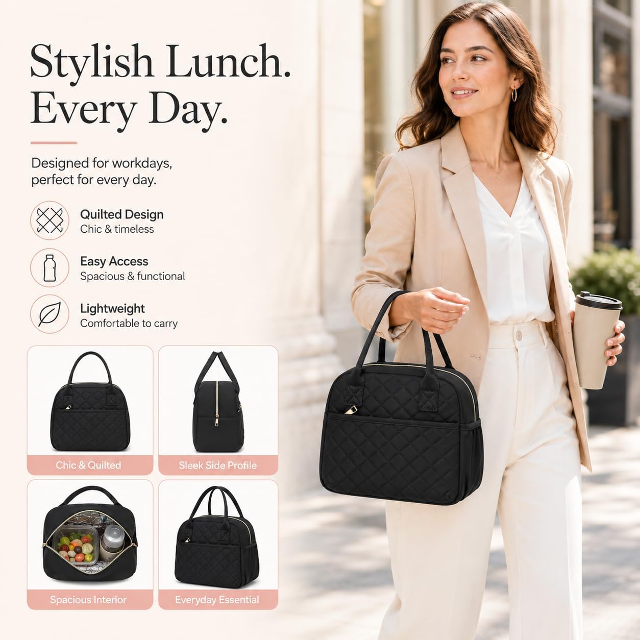 CAMTOP Lunch Box for Women Insulated Lunch Bag Lunchbox Cooler Thermal Leakproof Quilted Reusable Lunch Tote Bag for Work School Travel Picnic (Black) - Image 2