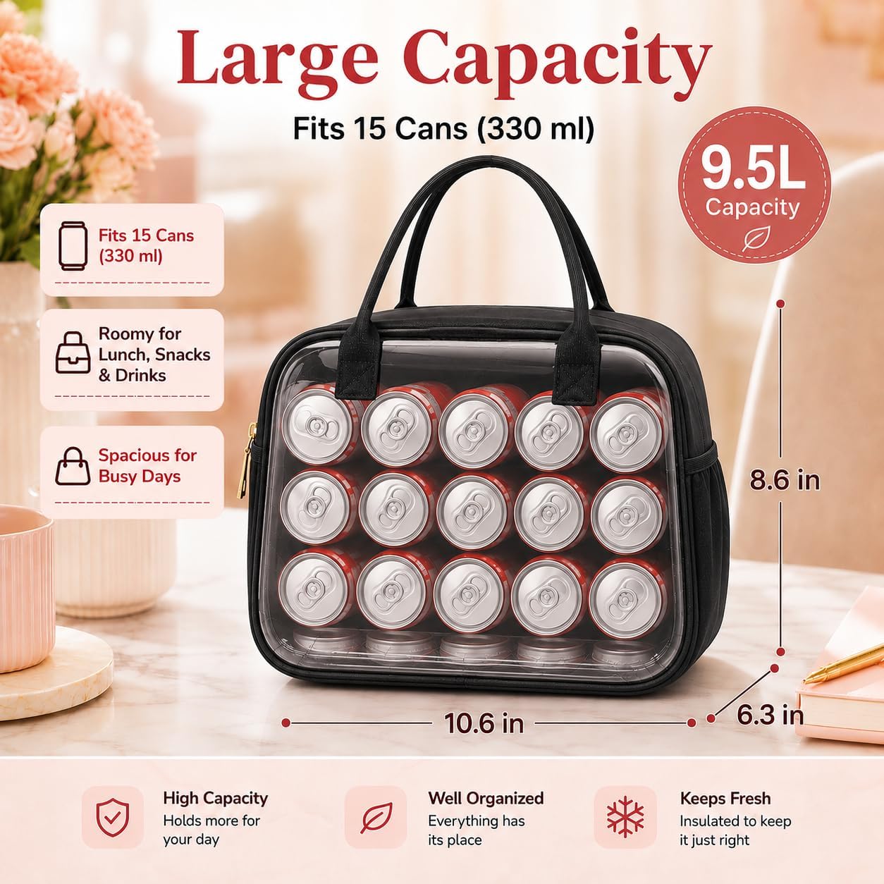 CAMTOP Lunch Box for Women Insulated Lunch Bag Lunchbox Cooler Thermal Leakproof Quilted Reusable Lunch Tote Bag for Work School Travel Picnic (Black) - Image 3
