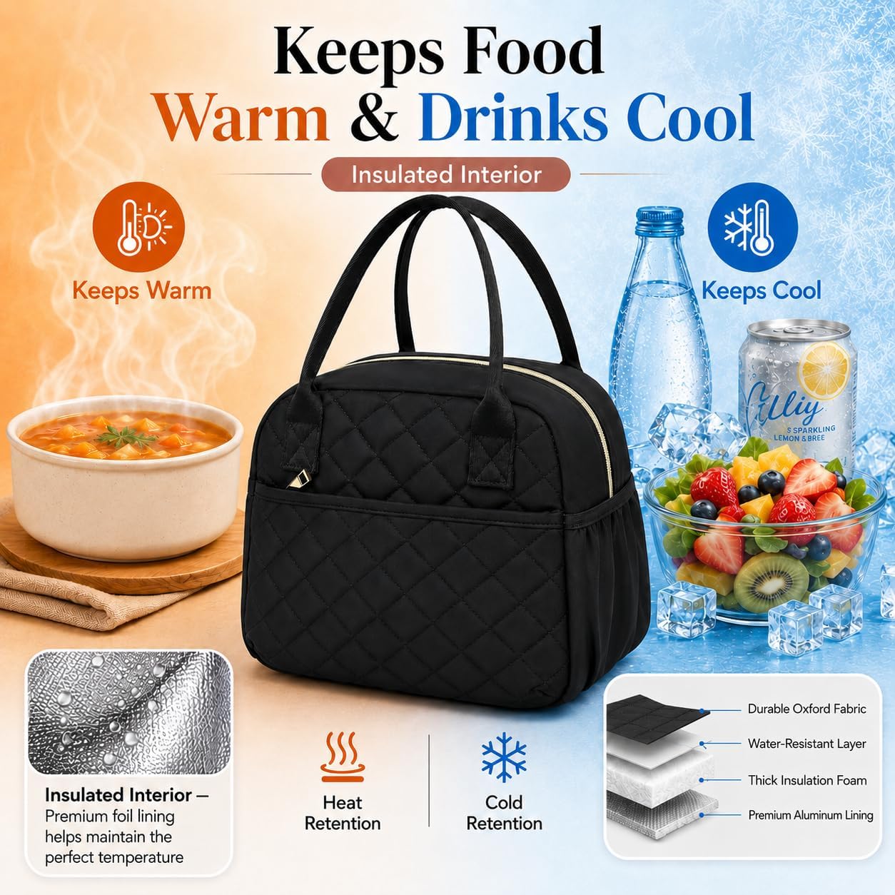 CAMTOP Lunch Box for Women Insulated Lunch Bag Lunchbox Cooler Thermal Leakproof Quilted Reusable Lunch Tote Bag for Work School Travel Picnic (Black) - Image 4
