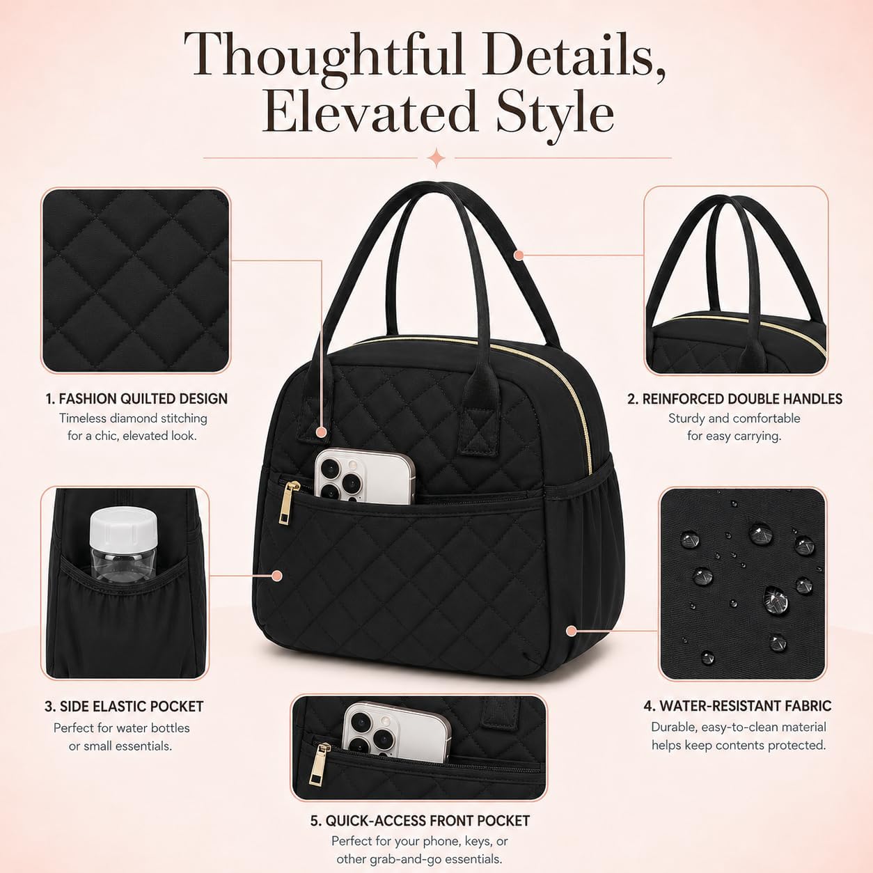 CAMTOP Lunch Box for Women Insulated Lunch Bag Lunchbox Cooler Thermal Leakproof Quilted Reusable Lunch Tote Bag for Work School Travel Picnic (Black) - Image 5