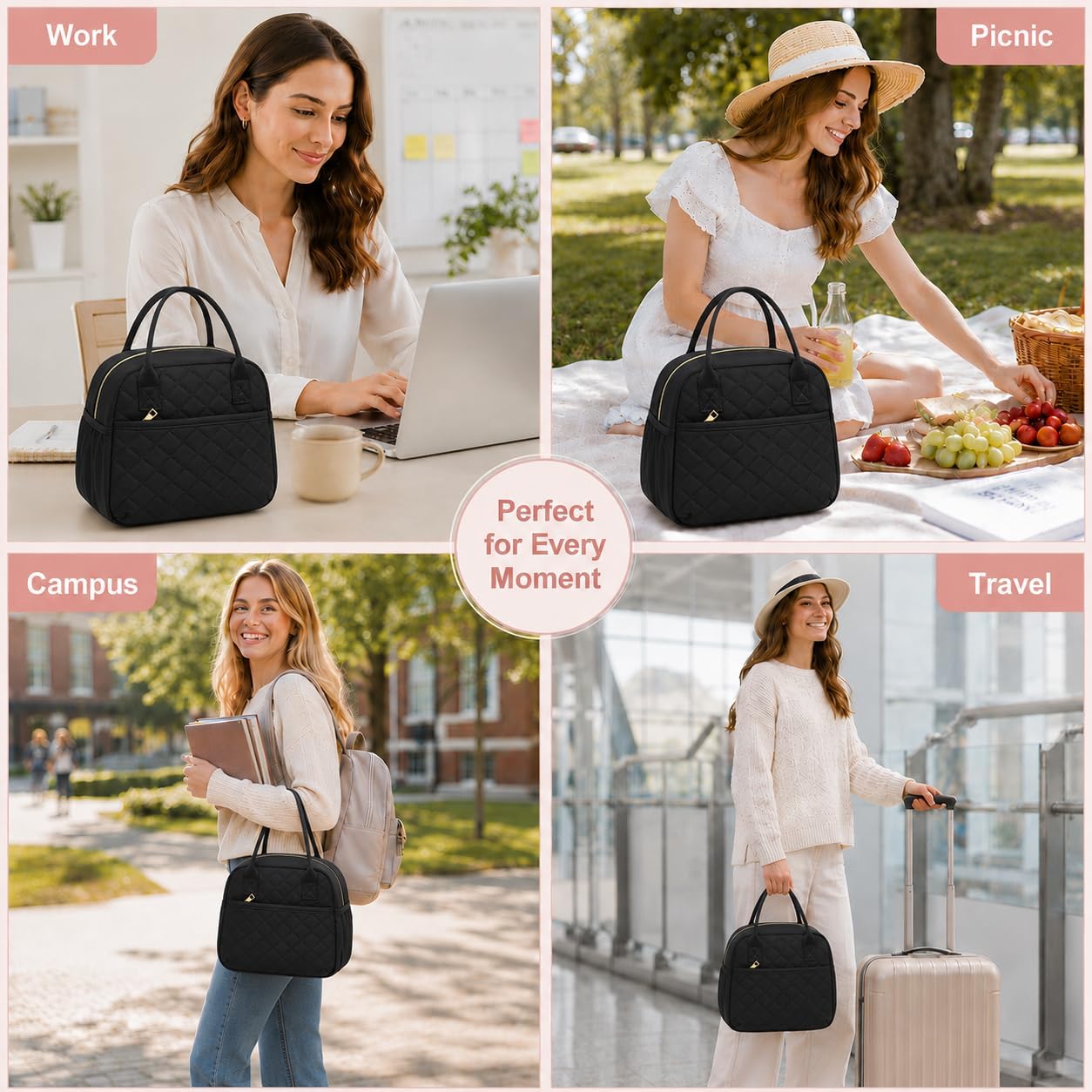 CAMTOP Lunch Box for Women Insulated Lunch Bag Lunchbox Cooler Thermal Leakproof Quilted Reusable Lunch Tote Bag for Work School Travel Picnic (Black) - Image 6