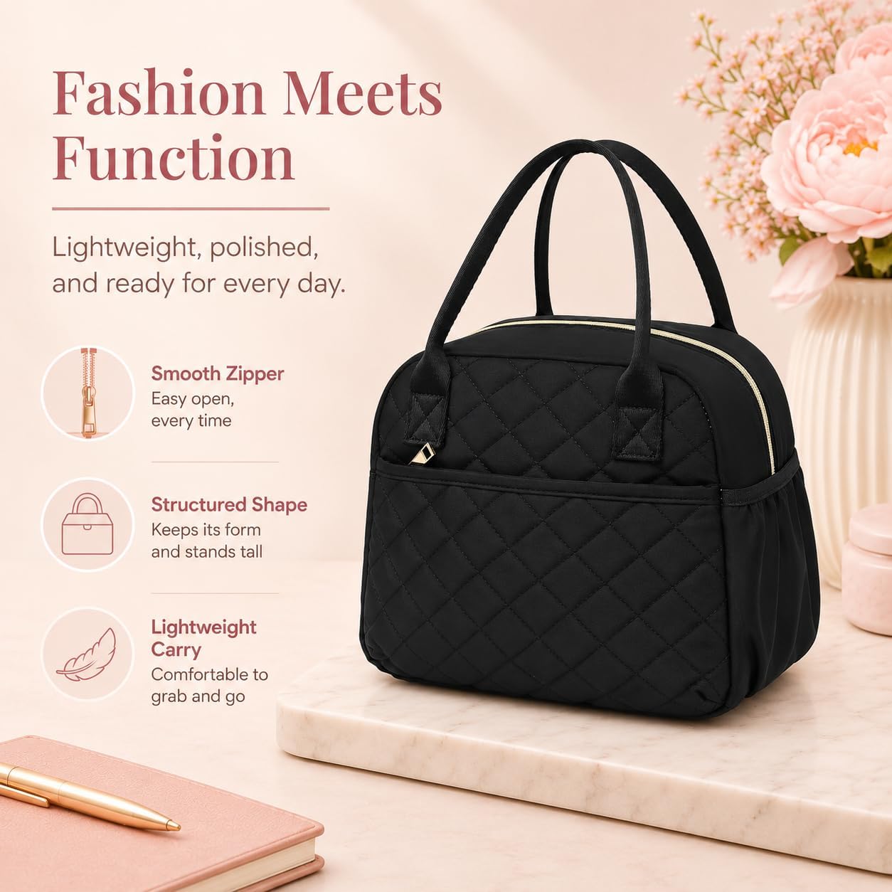 CAMTOP Lunch Box for Women Insulated Lunch Bag Lunchbox Cooler Thermal Leakproof Quilted Reusable Lunch Tote Bag for Work School Travel Picnic (Black) - Image 8