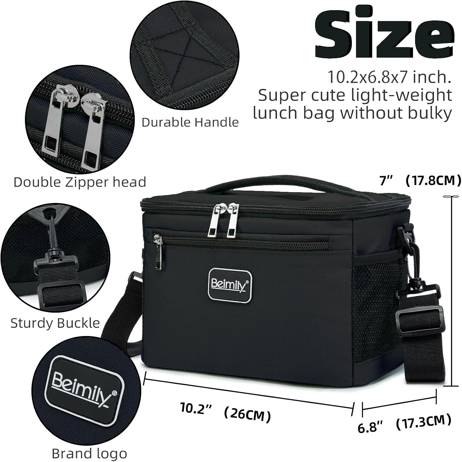 BEIMILY Lunch Box for Men/Women, Small Insulated Lunch Bag, Leak-Proof Soft Cooler Tote Bag, Reusable LunchBox for Work, Travel, Fitness, Picnic with Adjustable Shoulder Strap for Adults (Black) - Image 2