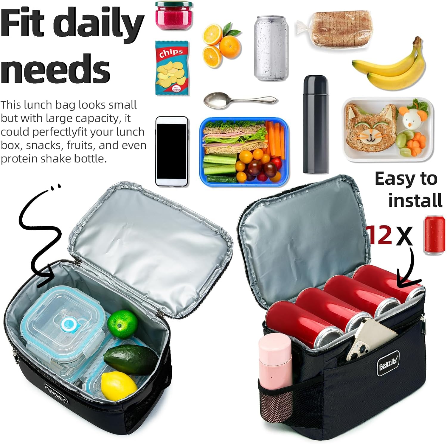 BEIMILY Lunch Box for Men/Women, Small Insulated Lunch Bag, Leak-Proof Soft Cooler Tote Bag, Reusable LunchBox for Work, Travel, Fitness, Picnic with Adjustable Shoulder Strap for Adults (Black) - Image 4