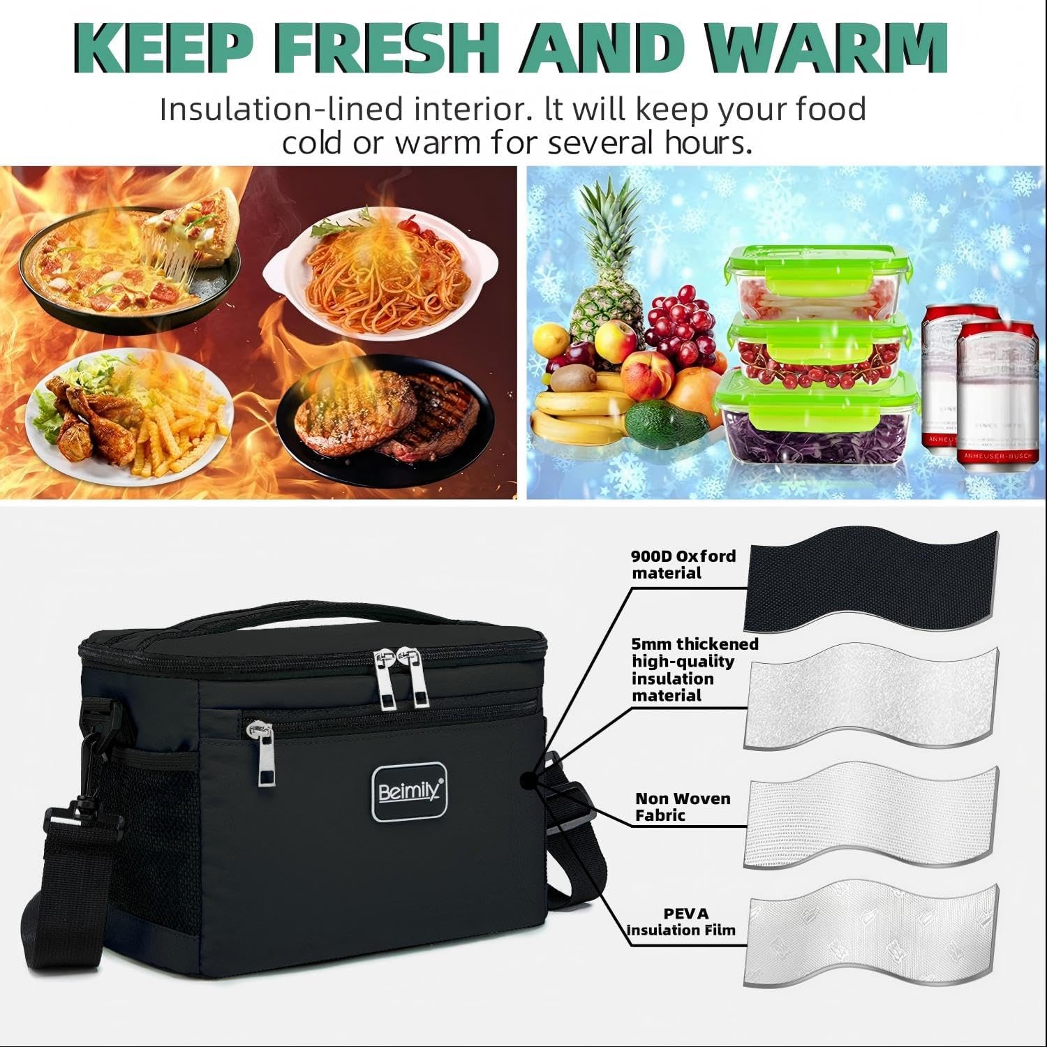 BEIMILY Lunch Box for Men/Women, Small Insulated Lunch Bag, Leak-Proof Soft Cooler Tote Bag, Reusable LunchBox for Work, Travel, Fitness, Picnic with Adjustable Shoulder Strap for Adults (Black) - Image 5