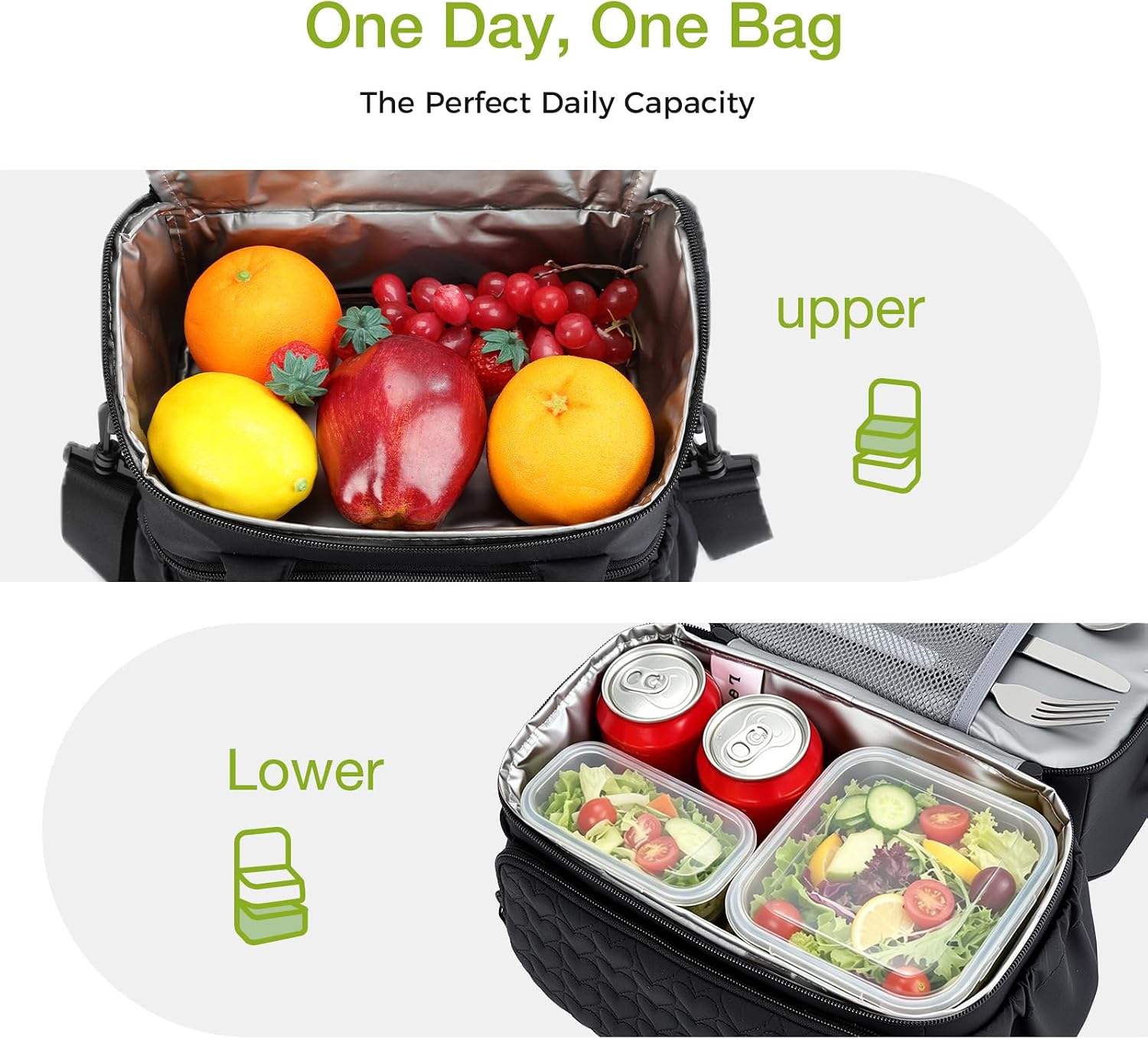 Double Deck Lunch Bag for Women, Black-M - Image 2