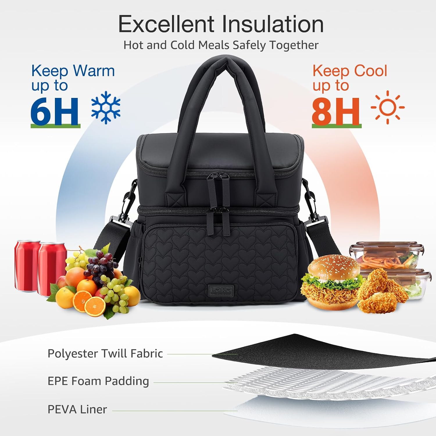 Double Deck Lunch Bag for Women, Black-M - Image 3