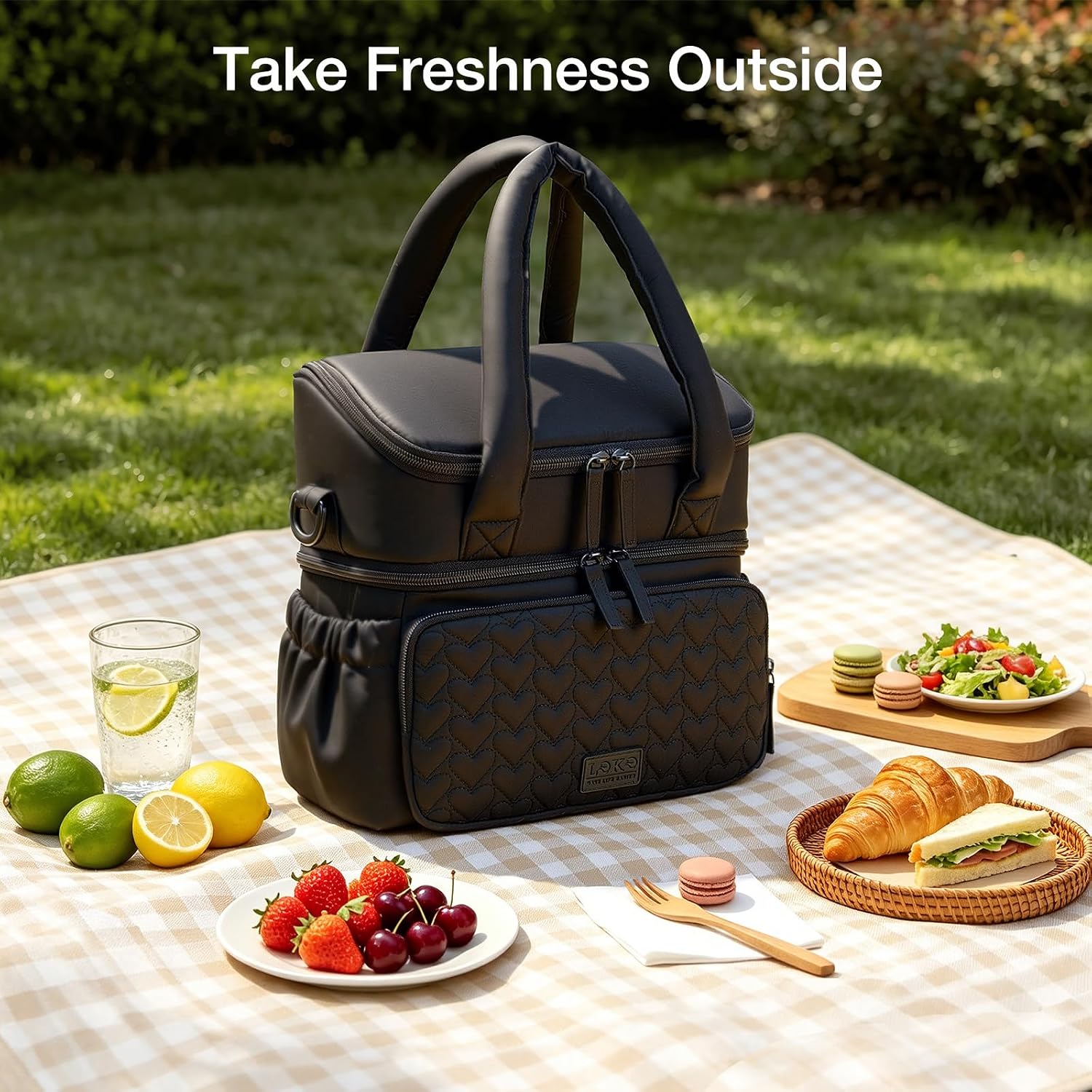 Double Deck Lunch Bag for Women, Black-M - Image 5