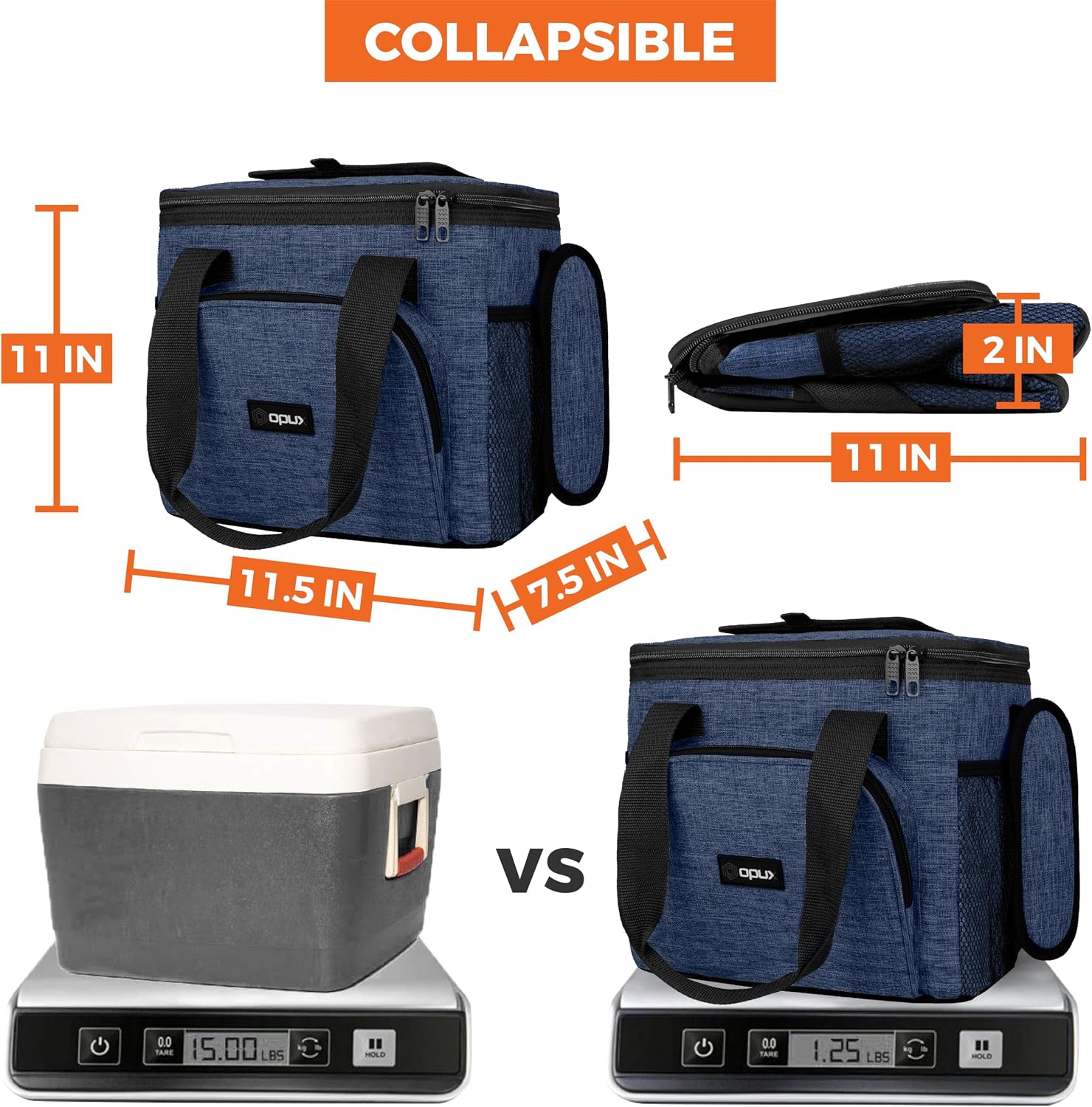 OPUX Soft Cooler Bag, Insulated Collapsible Lunch Cooler Tote for Men Work Camping Beach Travel, Portable Soft Sided Leakproof Waterproof Large Lunch Bag Box with Shoulder Strap 24 Cans, Heather Navy - Image 5