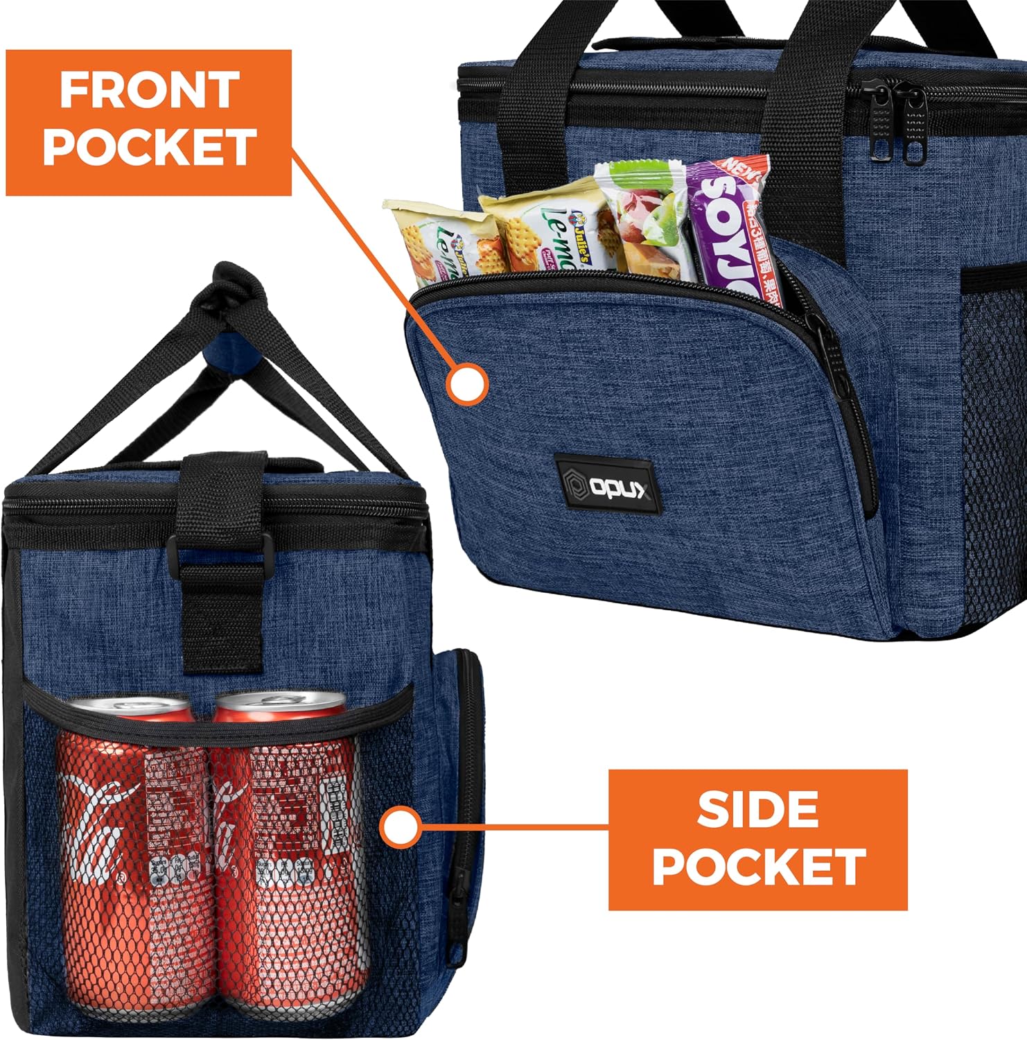 OPUX Soft Cooler Bag, Insulated Collapsible Lunch Cooler Tote for Men Work Camping Beach Travel, Portable Soft Sided Leakproof Waterproof Large Lunch Bag Box with Shoulder Strap 24 Cans, Heather Navy - Image 6